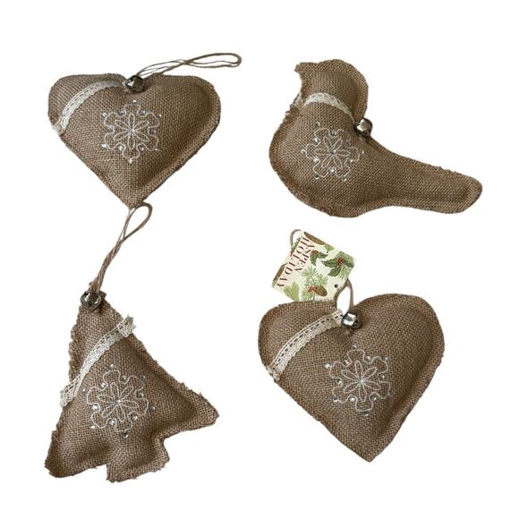 Burlap Rustic Country Style Holiday Christmas Ornaments (4) Heart Tree Bird - Picture 1 of 7